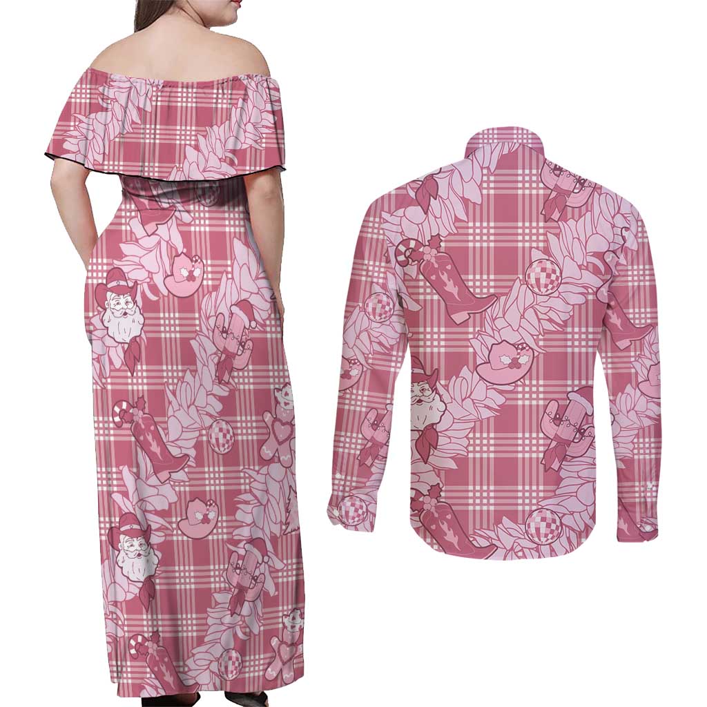 Pink Palaka Hawaii Cowboy Christmas Couples Matching Off Shoulder Maxi Dress and Long Sleeve Button Shirt Paniolo Mix Maile Lei LT7 - Polynesian Pride