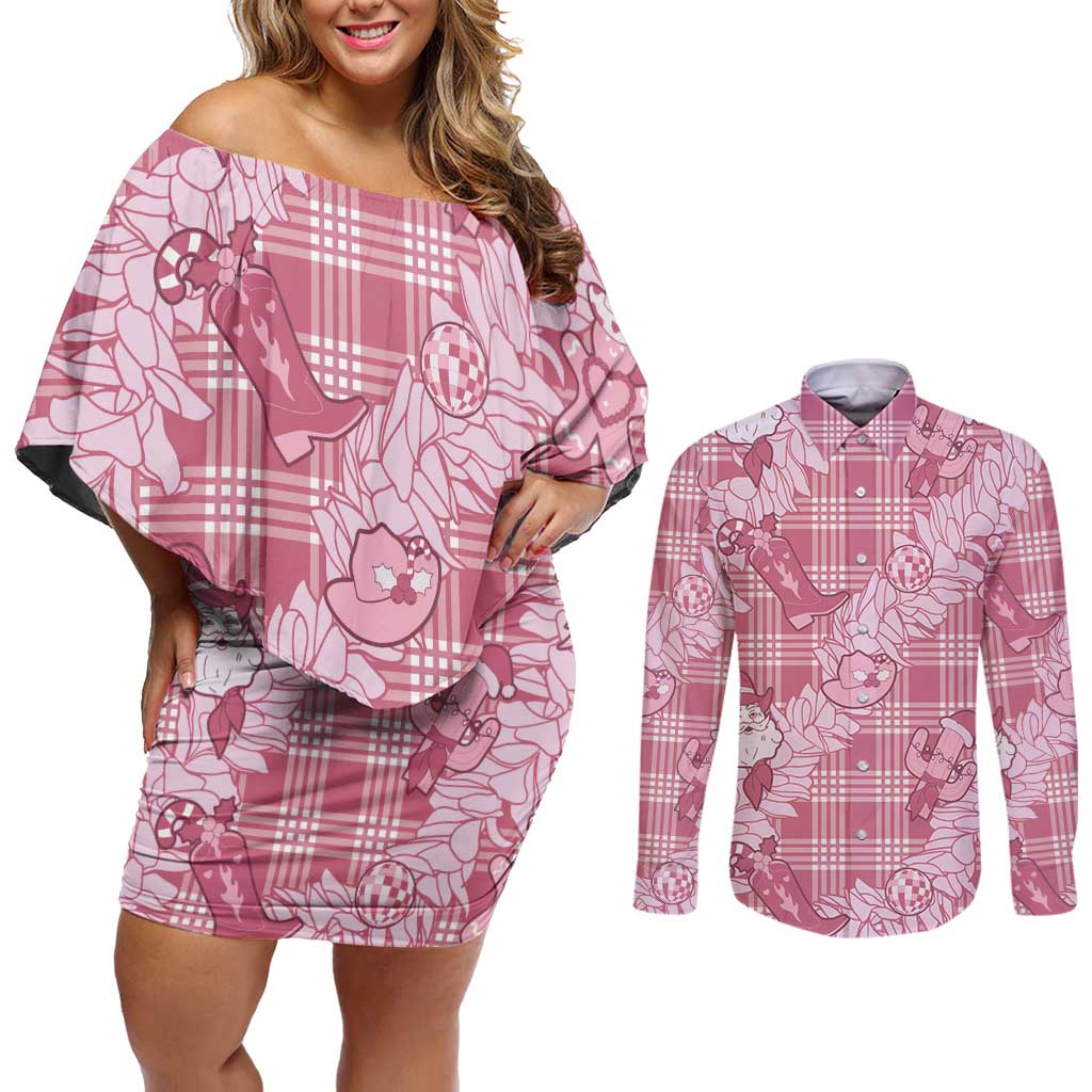 Pink Palaka Hawaii Cowboy Christmas Couples Matching Off Shoulder Short Dress and Long Sleeve Button Shirt Paniolo Mix Maile Lei LT7 Pink - Polynesian Pride