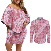 Pink Palaka Hawaii Cowboy Christmas Couples Matching Off Shoulder Short Dress and Long Sleeve Button Shirt Paniolo Mix Maile Lei LT7 Pink - Polynesian Pride