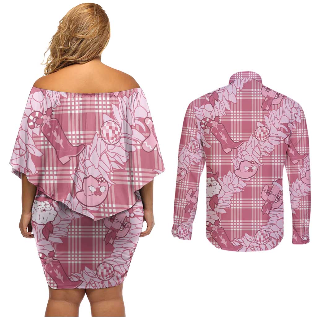 Pink Palaka Hawaii Cowboy Christmas Couples Matching Off Shoulder Short Dress and Long Sleeve Button Shirt Paniolo Mix Maile Lei LT7 - Polynesian Pride