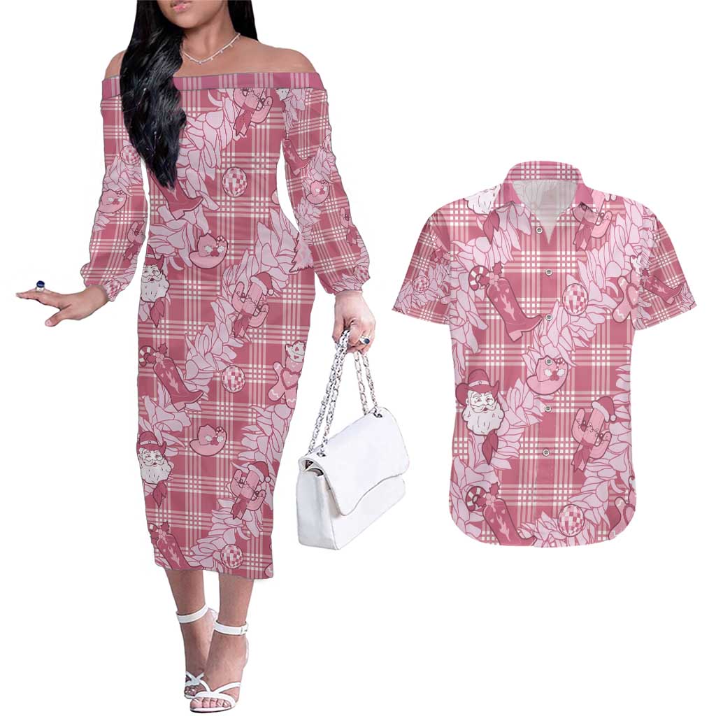 Pink Palaka Hawaii Cowboy Christmas Couples Matching Off The Shoulder Long Sleeve Dress and Hawaiian Shirt Paniolo Mix Maile Lei - Polynesian Pride