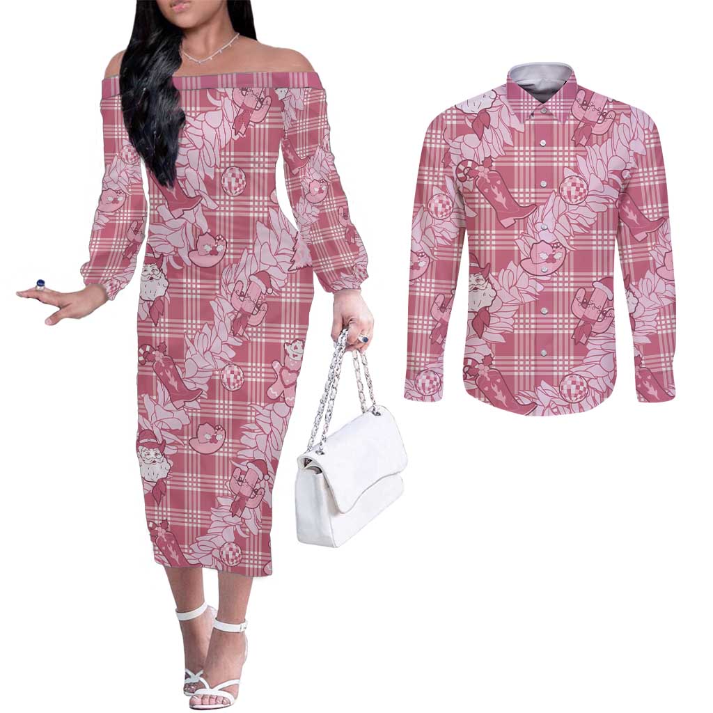Pink Palaka Hawaii Cowboy Christmas Couples Matching Off The Shoulder Long Sleeve Dress and Long Sleeve Button Shirt Paniolo Mix Maile Lei LT7 Pink - Polynesian Pride