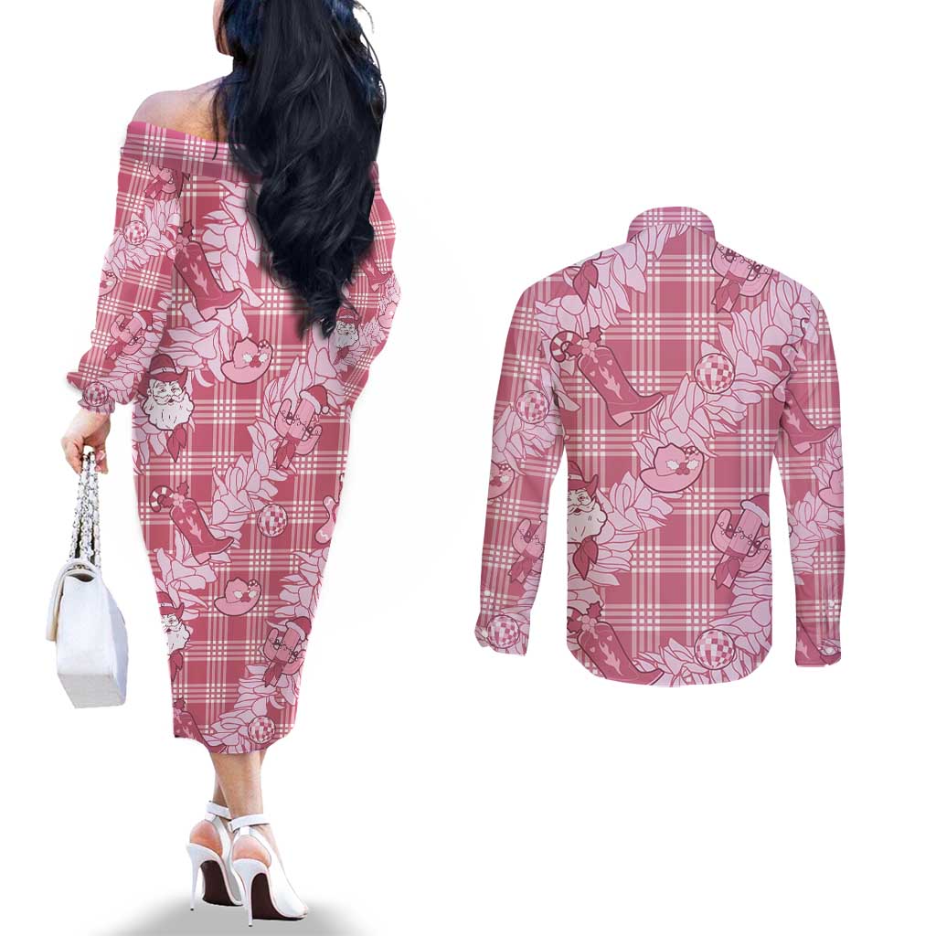 Pink Palaka Hawaii Cowboy Christmas Couples Matching Off The Shoulder Long Sleeve Dress and Long Sleeve Button Shirt Paniolo Mix Maile Lei LT7 - Polynesian Pride