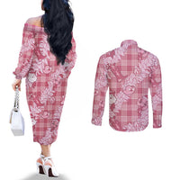 Pink Palaka Hawaii Cowboy Christmas Couples Matching Off The Shoulder Long Sleeve Dress and Long Sleeve Button Shirt Paniolo Mix Maile Lei LT7 - Polynesian Pride