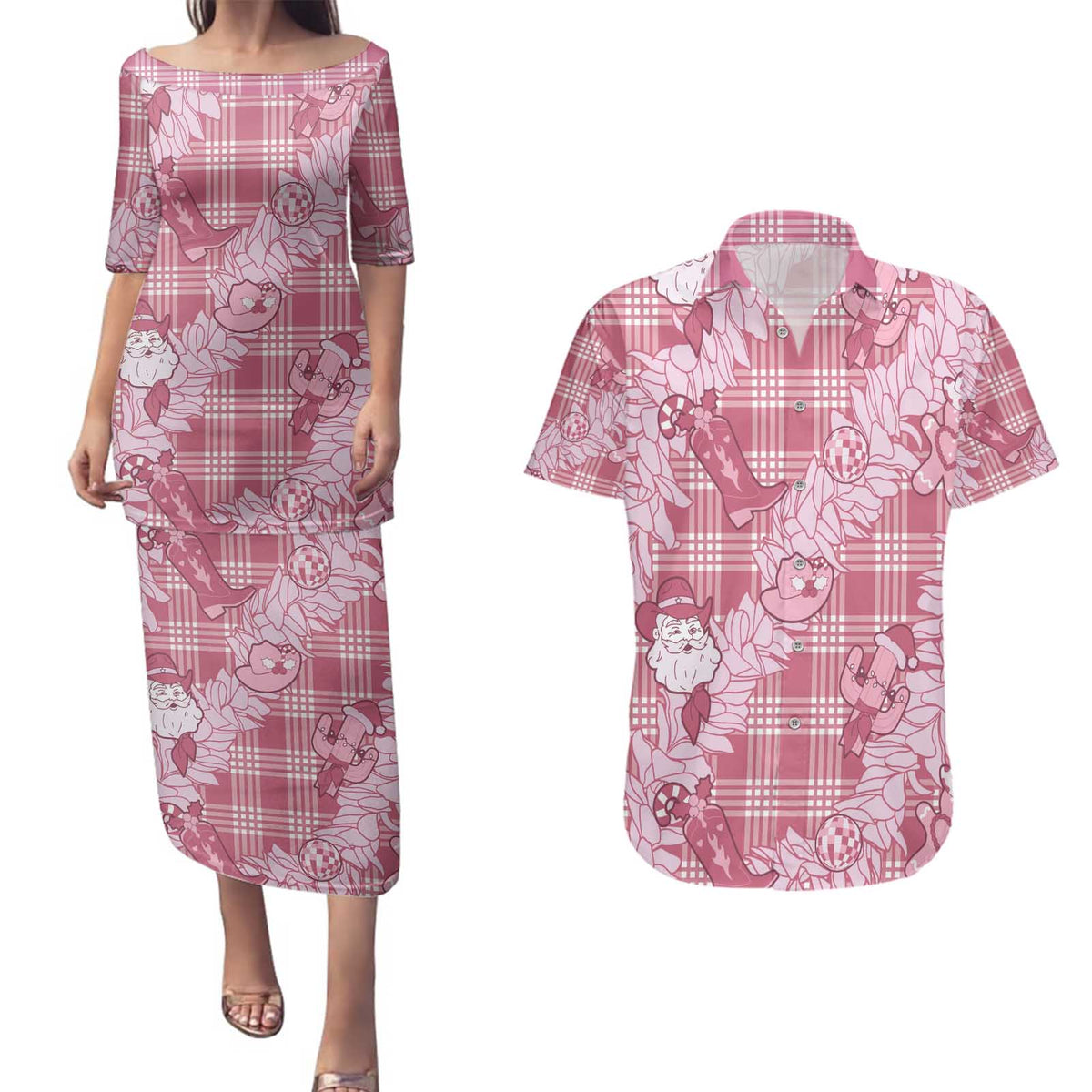 Pink Palaka Hawaii Cowboy Christmas Couples Matching Puletasi and Hawaiian Shirt Paniolo Mix Maile Lei LT7 Pink - Polynesian Pride