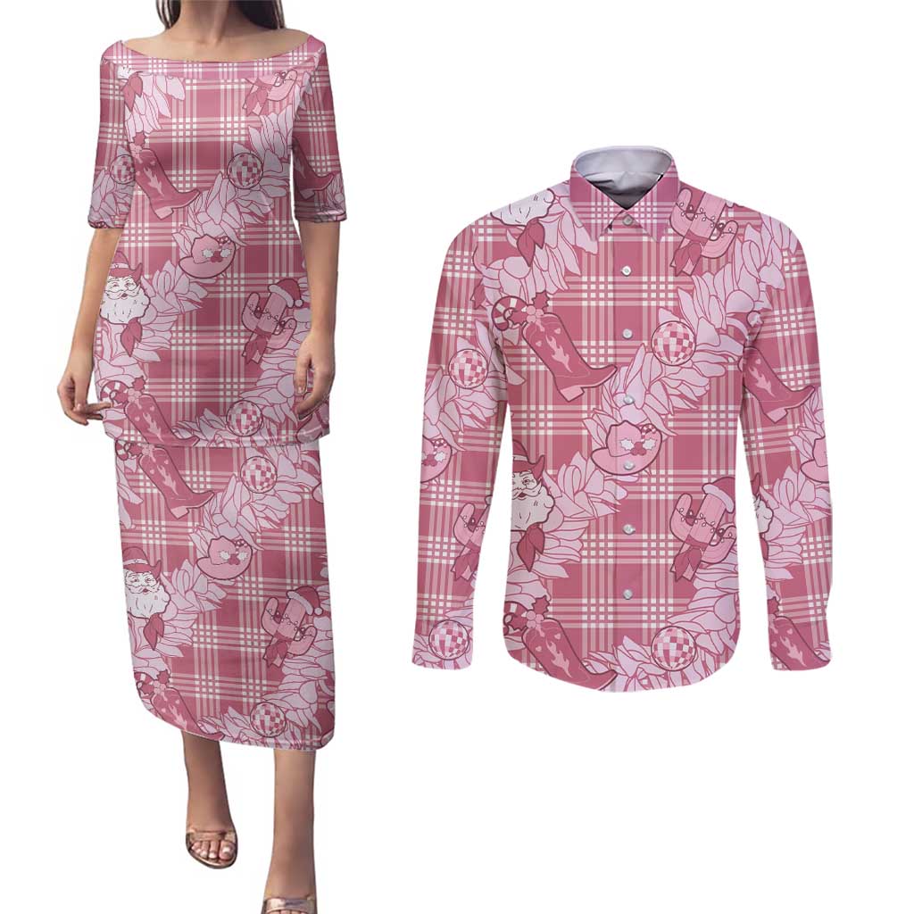 Pink Palaka Hawaii Cowboy Christmas Couples Matching Puletasi and Long Sleeve Button Shirt Paniolo Mix Maile Lei LT7 Pink - Polynesian Pride