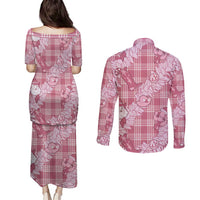 Pink Palaka Hawaii Cowboy Christmas Couples Matching Puletasi and Long Sleeve Button Shirt Paniolo Mix Maile Lei LT7 - Polynesian Pride