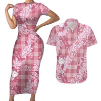 Pink Palaka Hawaii Cowboy Christmas Couples Matching Short Sleeve Bodycon Dress and Hawaiian Shirt Paniolo Mix Maile Lei LT7 Pink - Polynesian Pride