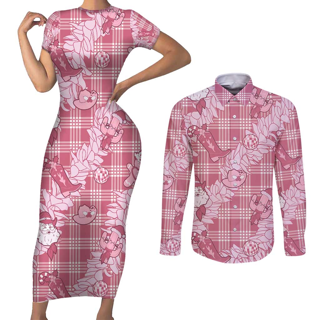 Pink Palaka Hawaii Cowboy Christmas Couples Matching Short Sleeve Bodycon Dress and Long Sleeve Button Shirt Paniolo Mix Maile Lei LT7 Pink - Polynesian Pride