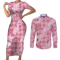 Pink Palaka Hawaii Cowboy Christmas Couples Matching Short Sleeve Bodycon Dress and Long Sleeve Button Shirt Paniolo Mix Maile Lei LT7 Pink - Polynesian Pride