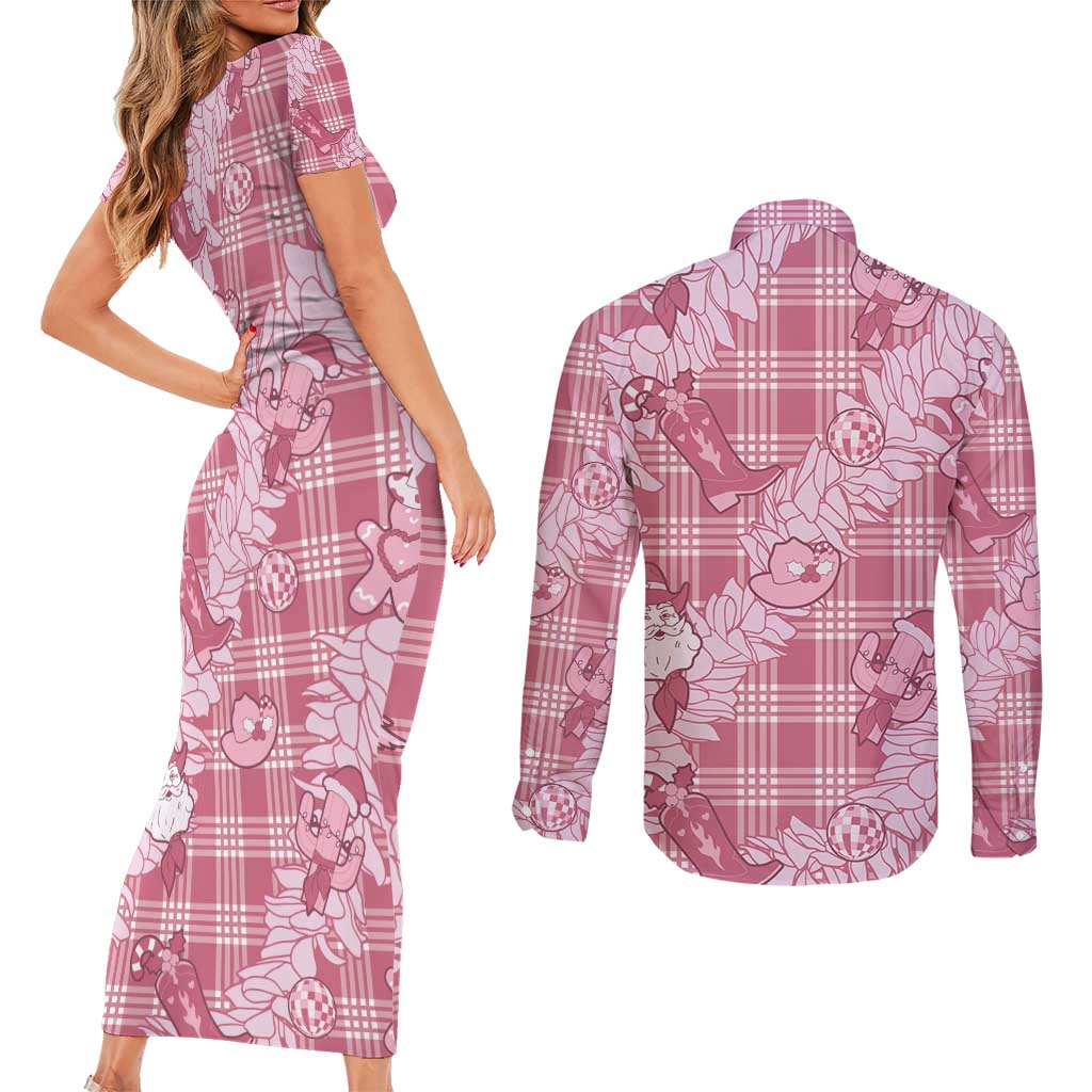 Pink Palaka Hawaii Cowboy Christmas Couples Matching Short Sleeve Bodycon Dress and Long Sleeve Button Shirt Paniolo Mix Maile Lei LT7 - Polynesian Pride