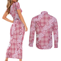 Pink Palaka Hawaii Cowboy Christmas Couples Matching Short Sleeve Bodycon Dress and Long Sleeve Button Shirt Paniolo Mix Maile Lei LT7 - Polynesian Pride