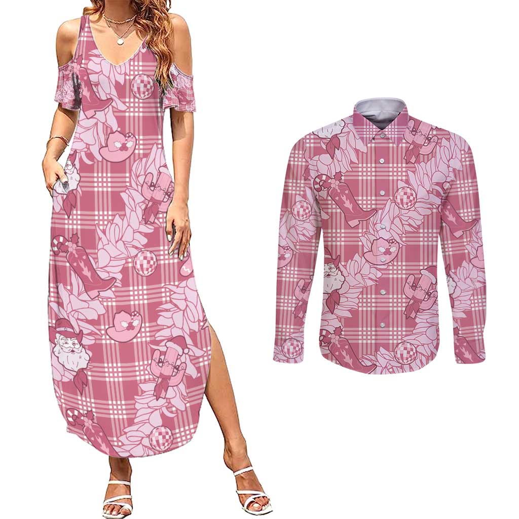 Pink Palaka Hawaii Cowboy Christmas Couples Matching Summer Maxi Dress and Long Sleeve Button Shirt Paniolo Mix Maile Lei LT7 Pink - Polynesian Pride
