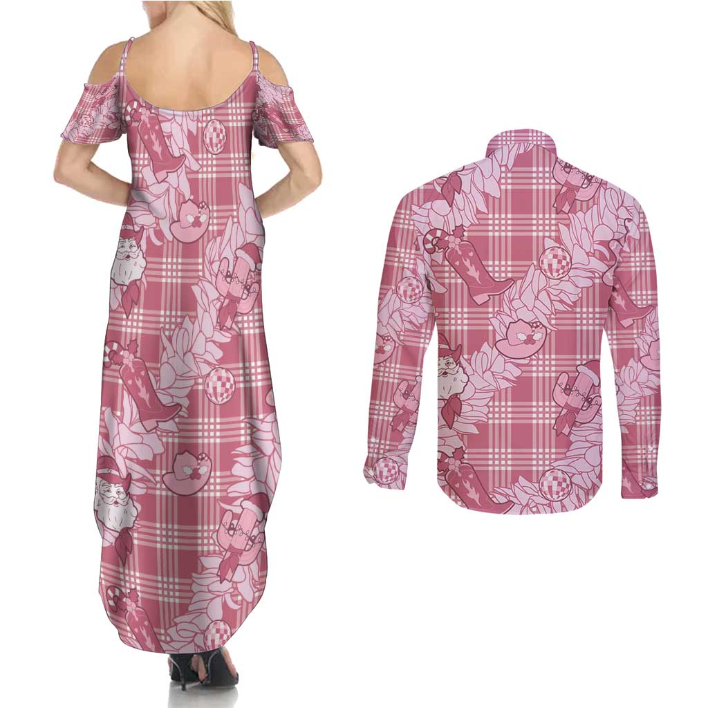 Pink Palaka Hawaii Cowboy Christmas Couples Matching Summer Maxi Dress and Long Sleeve Button Shirt Paniolo Mix Maile Lei LT7 - Polynesian Pride