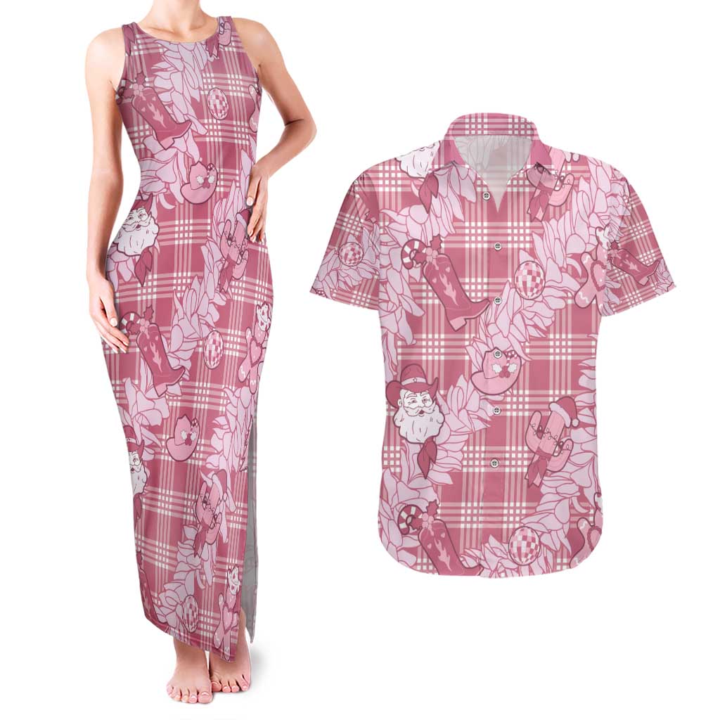 Pink Palaka Hawaii Cowboy Christmas Couples Matching Tank Maxi Dress and Hawaiian Shirt Paniolo Mix Maile Lei - Polynesian Pride
