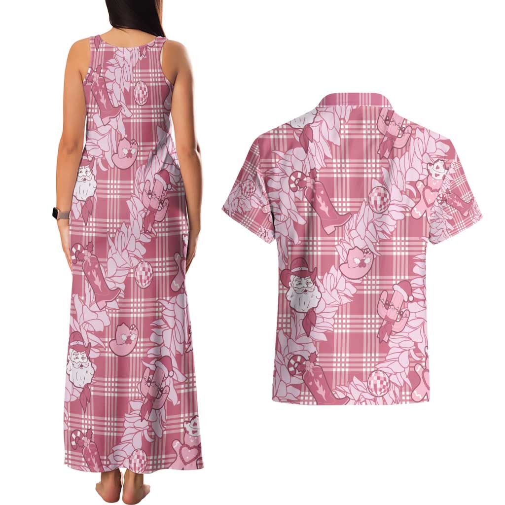 Pink Palaka Hawaii Cowboy Christmas Couples Matching Tank Maxi Dress and Hawaiian Shirt Paniolo Mix Maile Lei LT7 - Polynesian Pride