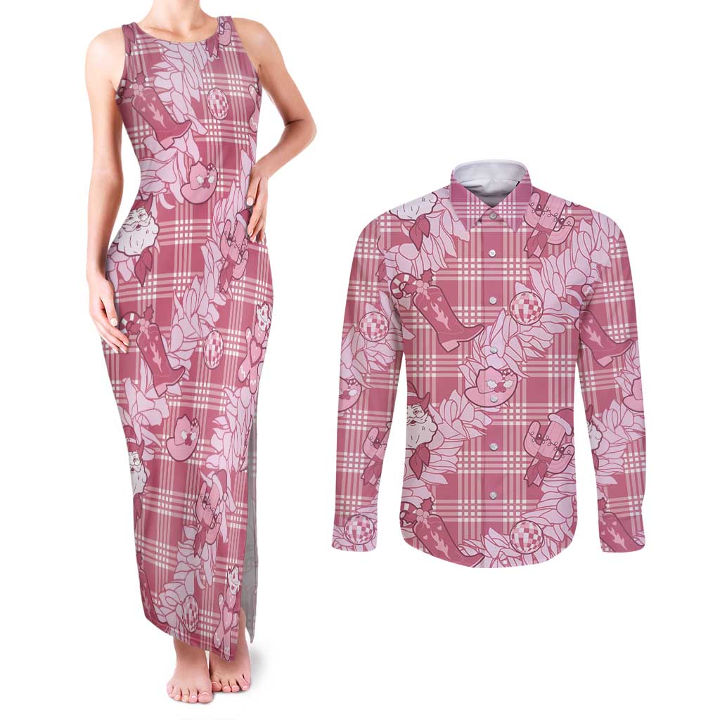 Pink Palaka Hawaii Cowboy Christmas Couples Matching Tank Maxi Dress and Long Sleeve Button Shirt Paniolo Mix Maile Lei - Polynesian Pride