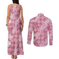 Pink Palaka Hawaii Cowboy Christmas Couples Matching Tank Maxi Dress and Long Sleeve Button Shirt Paniolo Mix Maile Lei LT7 - Polynesian Pride