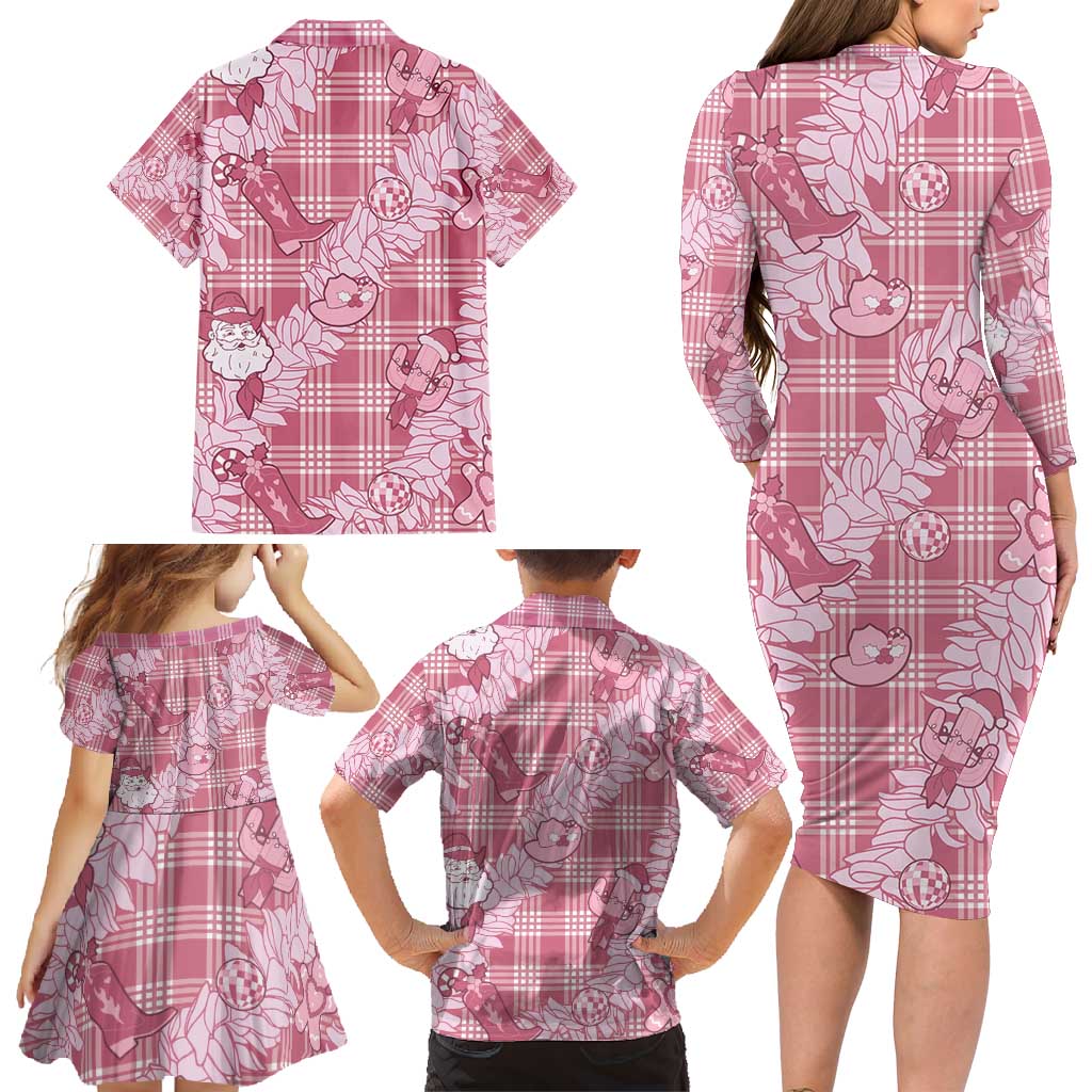 Pink Palaka Hawaii Cowboy Christmas Family Matching Long Sleeve Bodycon Dress and Hawaiian Shirt Paniolo Mix Maile Lei LT7 - Polynesian Pride