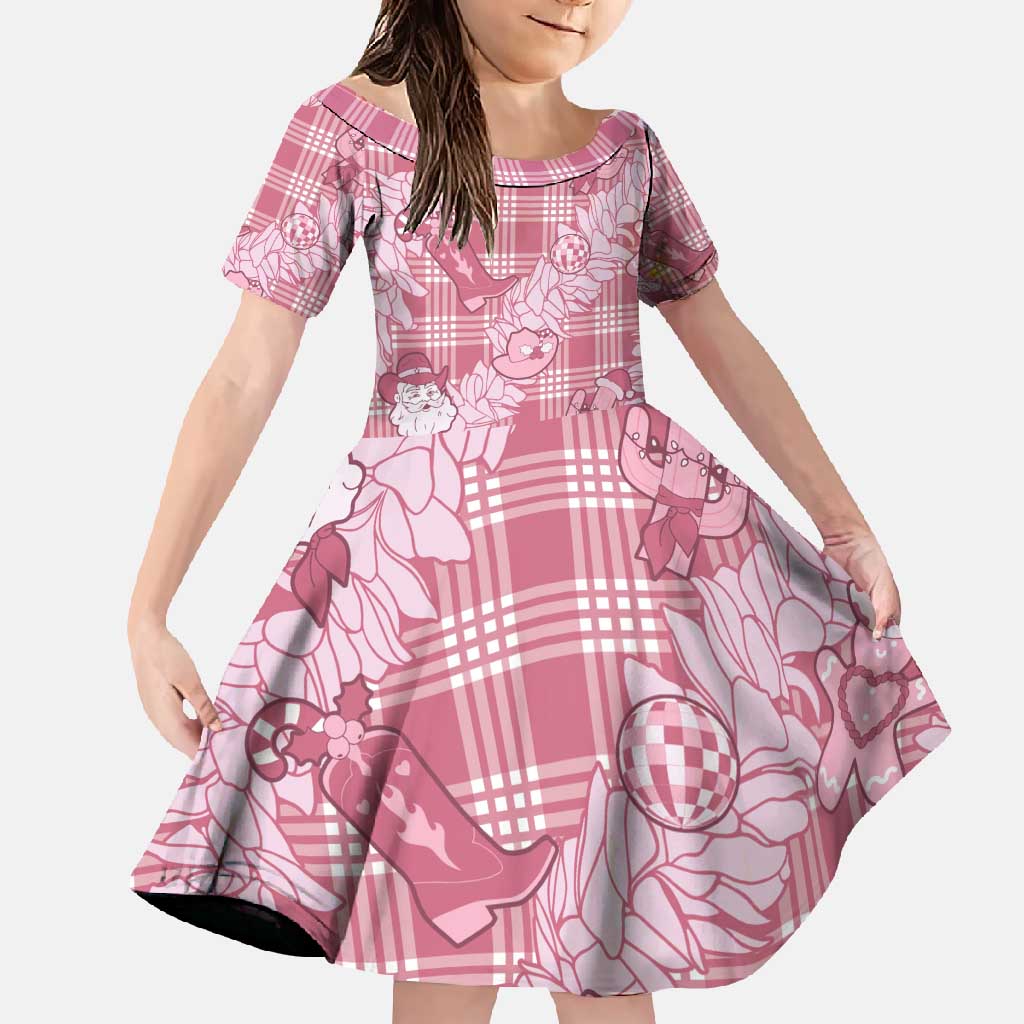 Pink Palaka Hawaii Cowboy Christmas Family Matching Off Shoulder Maxi Dress and Hawaiian Shirt Paniolo Mix Maile Lei LT7 Daughter's Dress Pink - Polynesian Pride