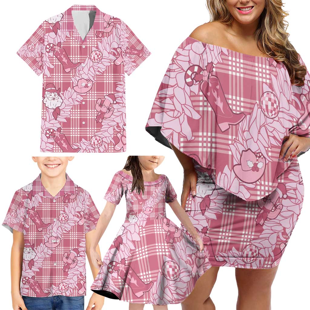 Pink Palaka Hawaii Cowboy Christmas Family Matching Off Shoulder Short Dress and Hawaiian Shirt Paniolo Mix Maile Lei LT7 - Polynesian Pride