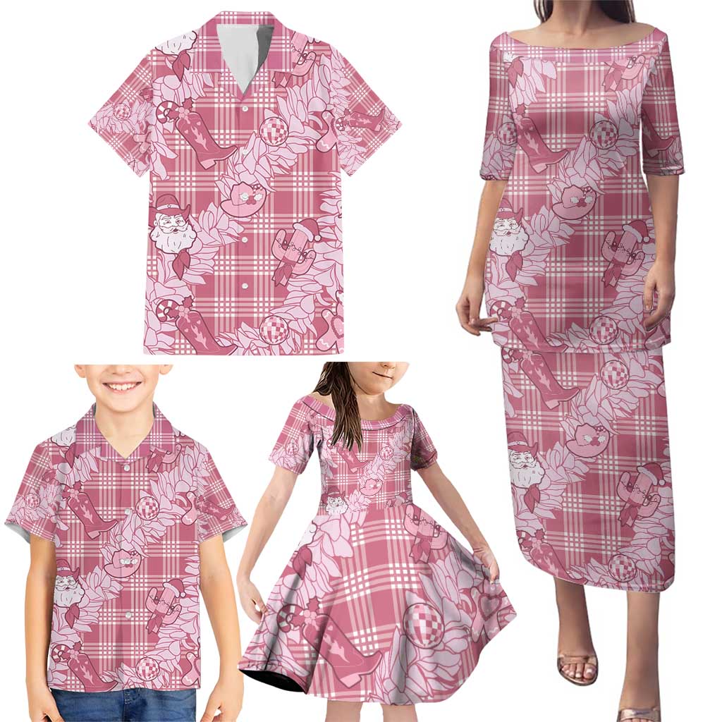Pink Palaka Hawaii Cowboy Christmas Family Matching Puletasi and Hawaiian Shirt Paniolo Mix Maile Lei LT7 - Polynesian Pride