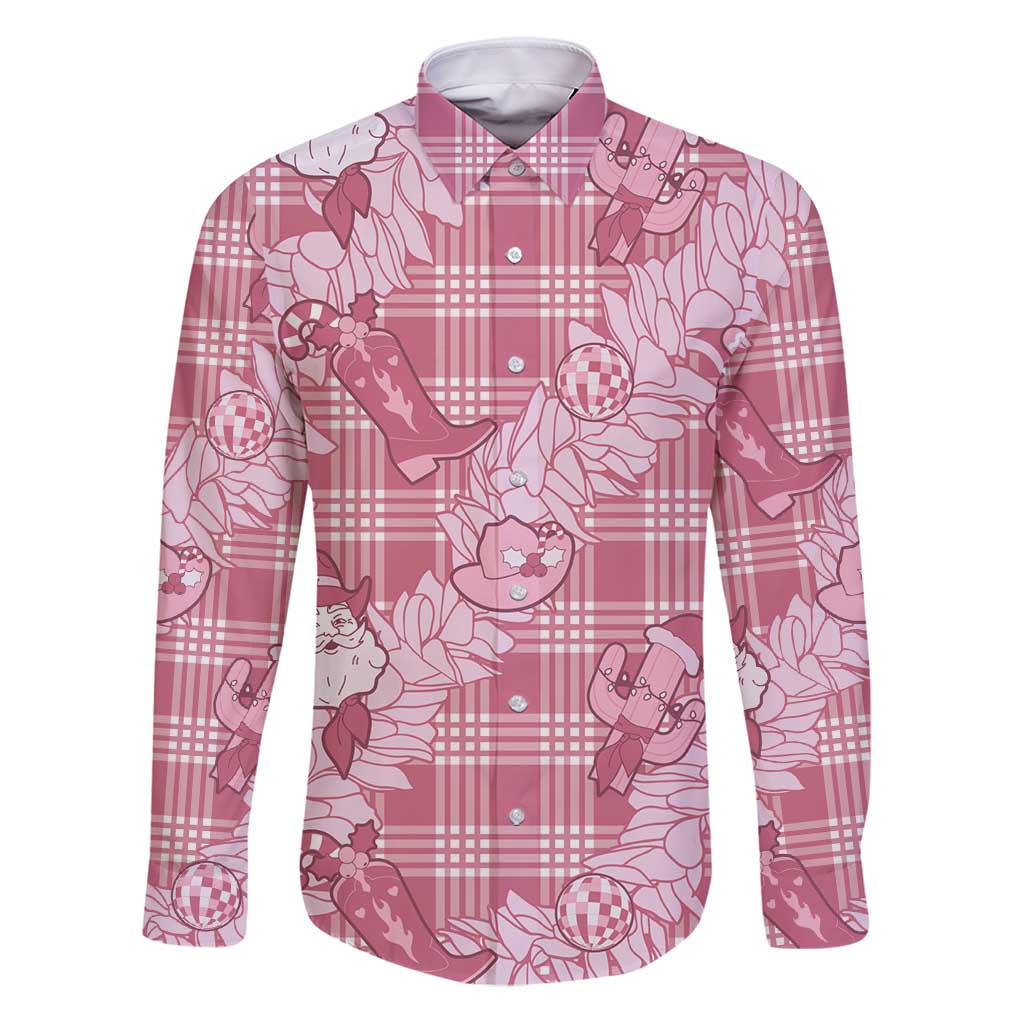Pink Palaka Hawaii Cowboy Christmas Family Matching Puletasi and Hawaiian Shirt Paniolo Mix Maile Lei LT7 Dad's Shirt - Long Sleeve Pink - Polynesian Pride