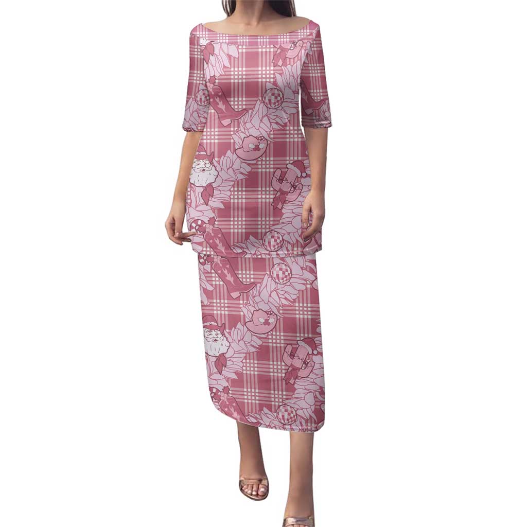 Pink Palaka Hawaii Cowboy Christmas Family Matching Puletasi and Hawaiian Shirt Paniolo Mix Maile Lei LT7 Mom's Dress Pink - Polynesian Pride