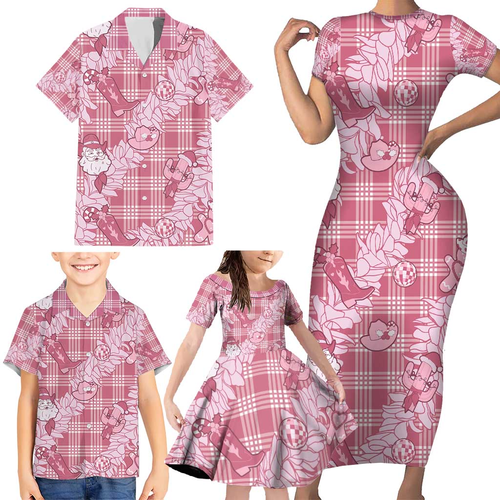Pink Palaka Hawaii Cowboy Christmas Family Matching Short Sleeve Bodycon Dress and Hawaiian Shirt Paniolo Mix Maile Lei LT7 - Polynesian Pride