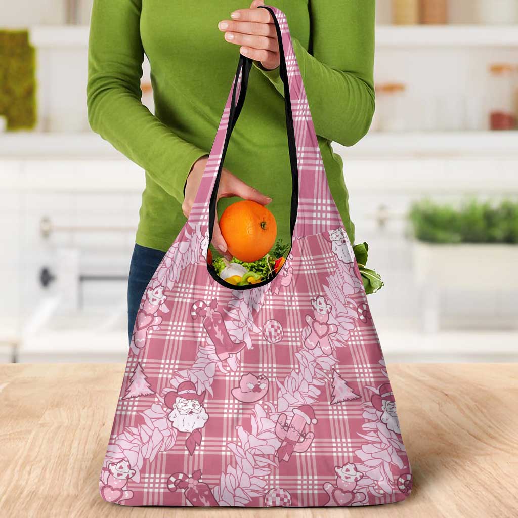 Pink Palaka Hawaii Cowboy Christmas Grocery Bag Paniolo Mix Maile Lei LT7 - Polynesian Pride