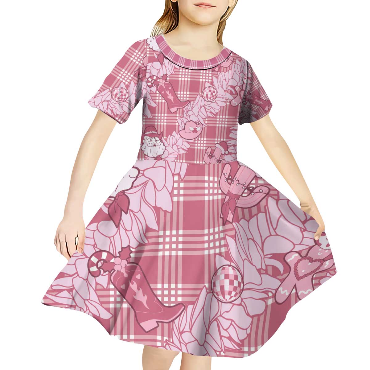Pink Palaka Hawaii Cowboy Christmas Kid Short Sleeve Dress Paniolo Mix Maile Lei LT7 - Polynesian Pride