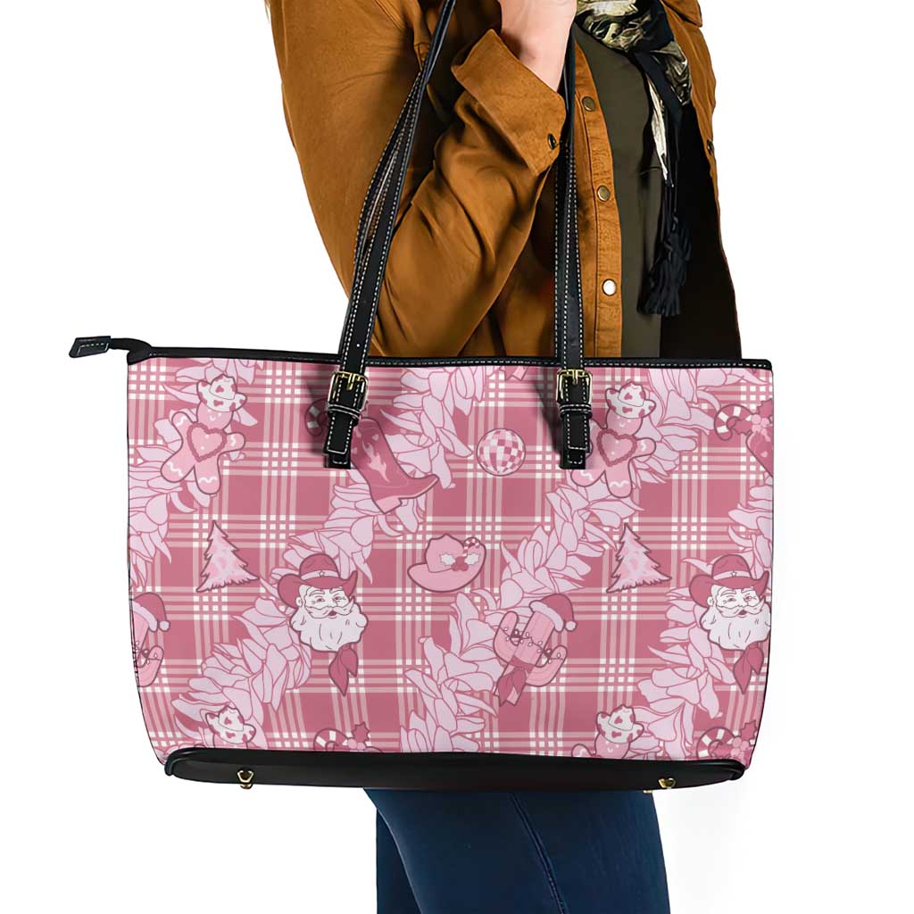 Pink Palaka Hawaii Cowboy Christmas Leather Tote Bag Paniolo Mix Maile Lei - Polynesian Pride
