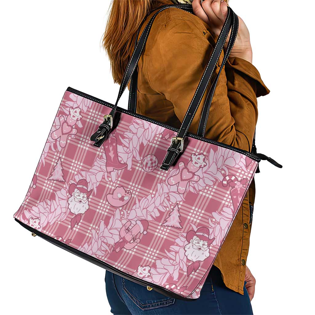Pink Palaka Hawaii Cowboy Christmas Leather Tote Bag Paniolo Mix Maile Lei - Polynesian Pride