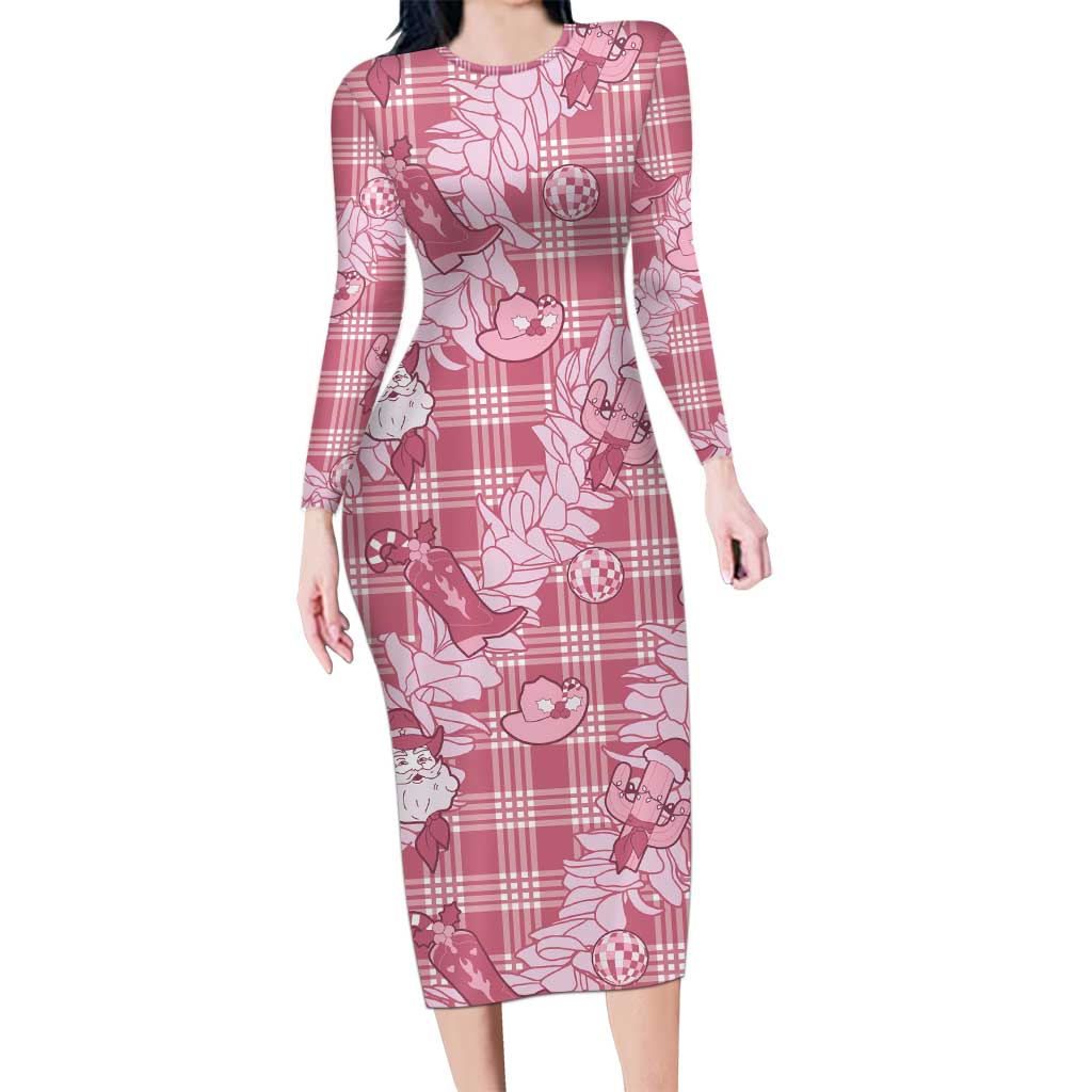Pink Palaka Hawaii Cowboy Christmas Long Sleeve Bodycon Dress Paniolo Mix Maile Lei LT7 Long Dress Pink - Polynesian Pride