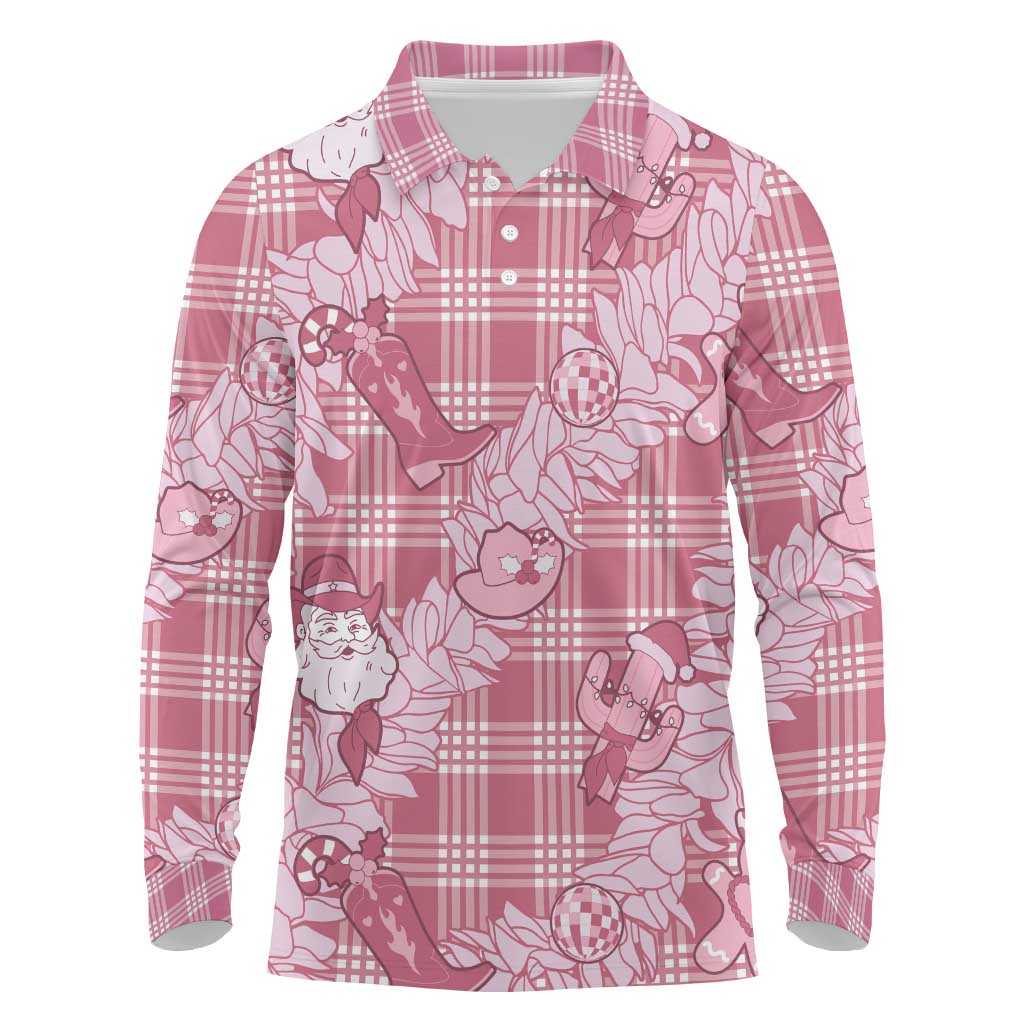 Pink Palaka Hawaii Cowboy Christmas Long Sleeve Polo Shirt Paniolo Mix Maile Lei LT7 Pink - Polynesian Pride