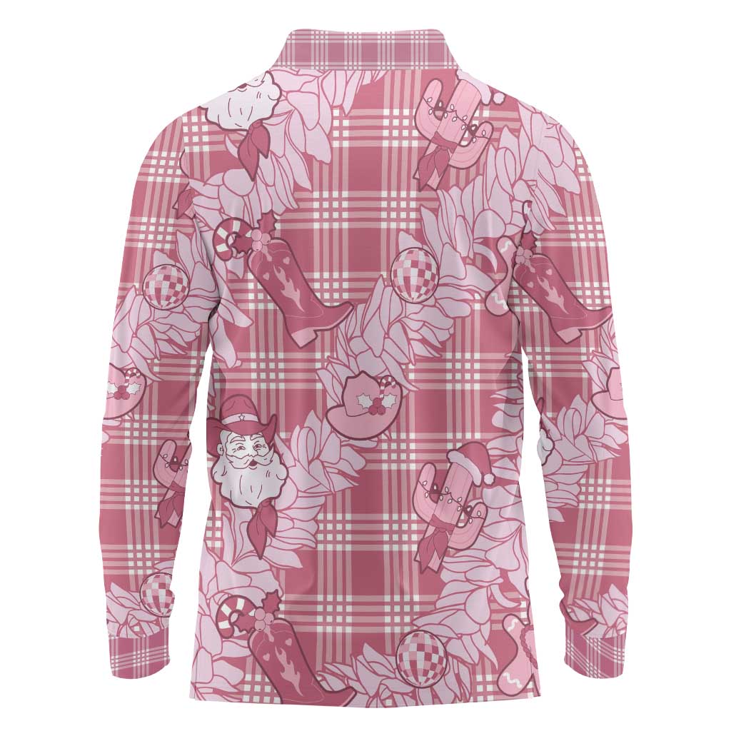 Pink Palaka Hawaii Cowboy Christmas Long Sleeve Polo Shirt Paniolo Mix Maile Lei LT7 - Polynesian Pride