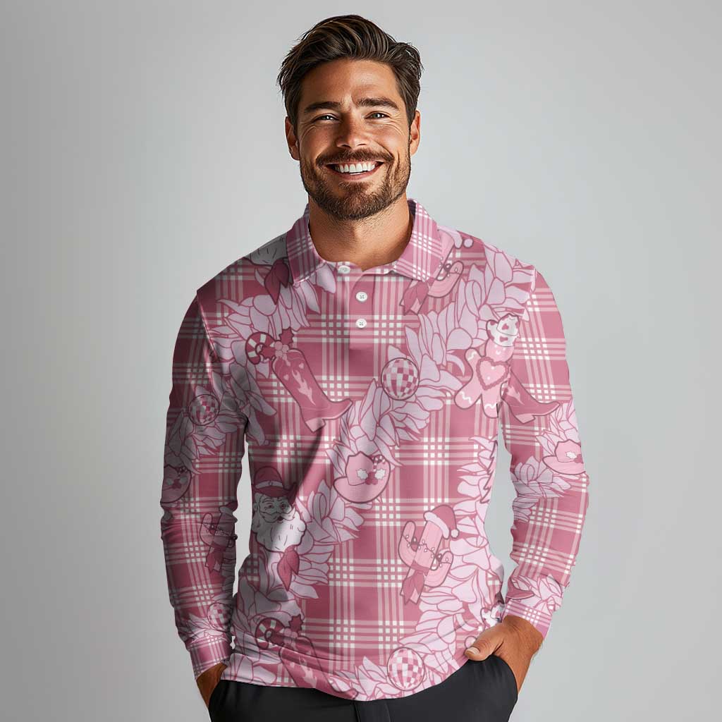 Pink Palaka Hawaii Cowboy Christmas Long Sleeve Polo Shirt Paniolo Mix Maile Lei LT7 - Polynesian Pride