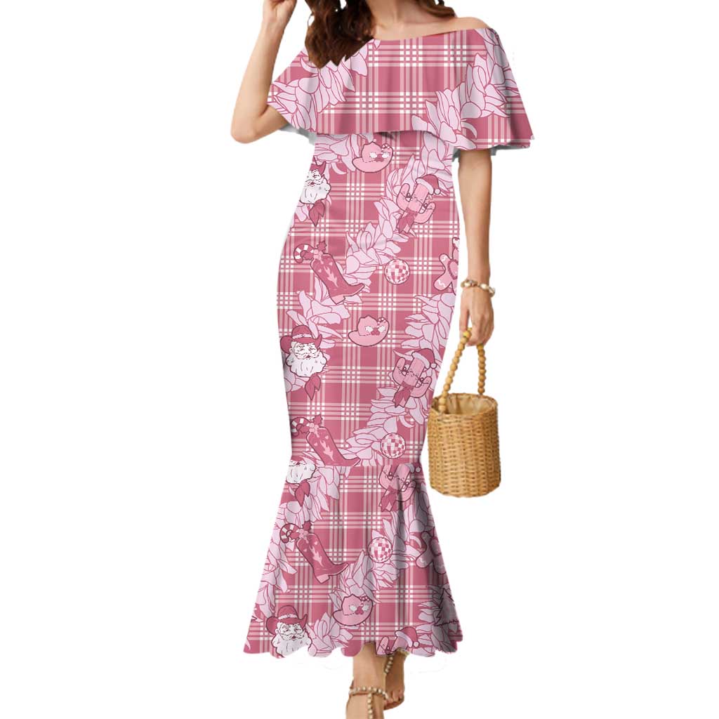 Pink Palaka Hawaii Cowboy Christmas Mermaid Dress Paniolo Mix Maile Lei LT7 Women Pink - Polynesian Pride
