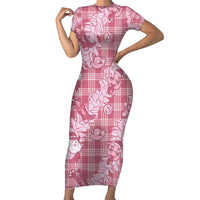 Pink Palaka Hawaii Cowboy Christmas Short Sleeve Bodycon Dress Paniolo Mix Maile Lei LT7 Long Dress Pink - Polynesian Pride