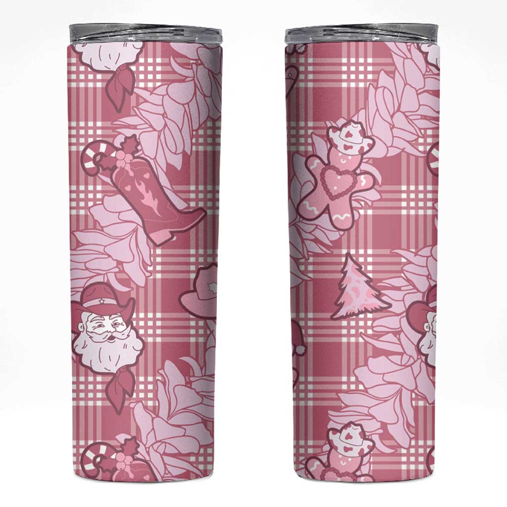 Pink Palaka Hawaii Cowboy Christmas Skinny Tumbler Paniolo Mix Maile Lei LT7 Pink - Polynesian Pride