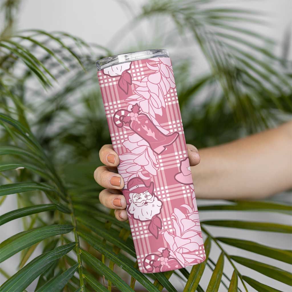 Pink Palaka Hawaii Cowboy Christmas Skinny Tumbler Paniolo Mix Maile Lei LT7 - Polynesian Pride