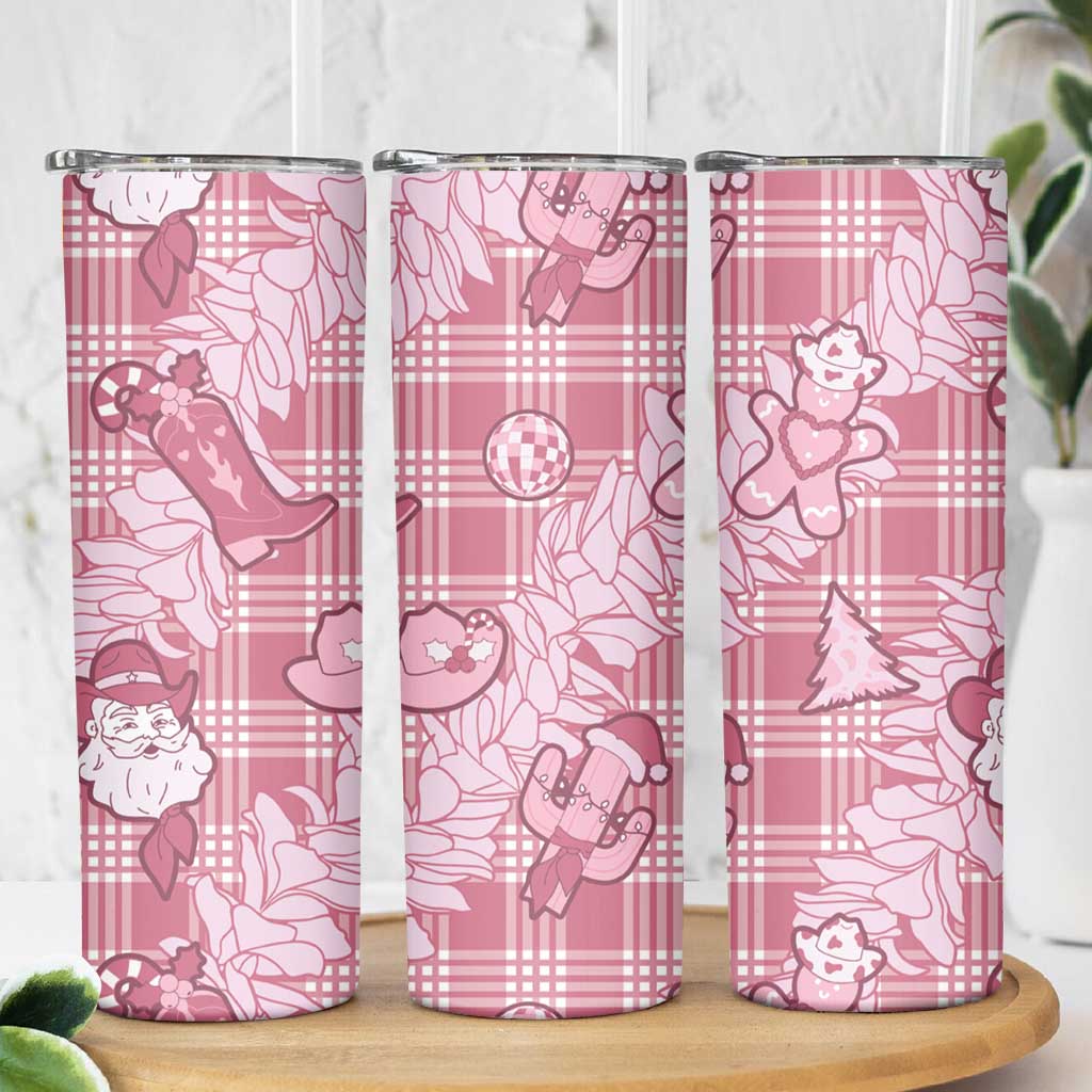 Pink Palaka Hawaii Cowboy Christmas Skinny Tumbler Paniolo Mix Maile Lei LT7 - Polynesian Pride