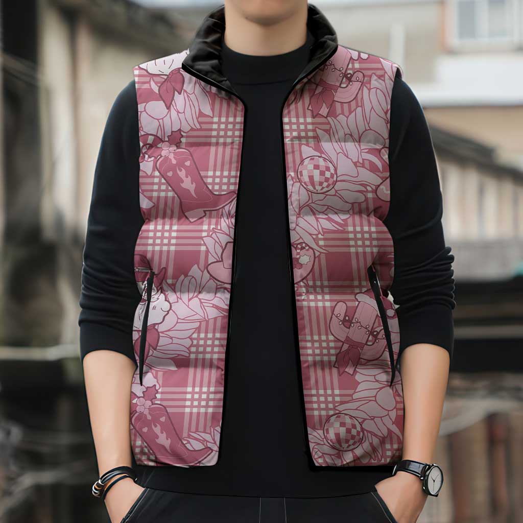 Pink Palaka Hawaii Cowboy Christmas Sleeveless Puffer Jacket Paniolo Mix Maile Lei - Polynesian Pride