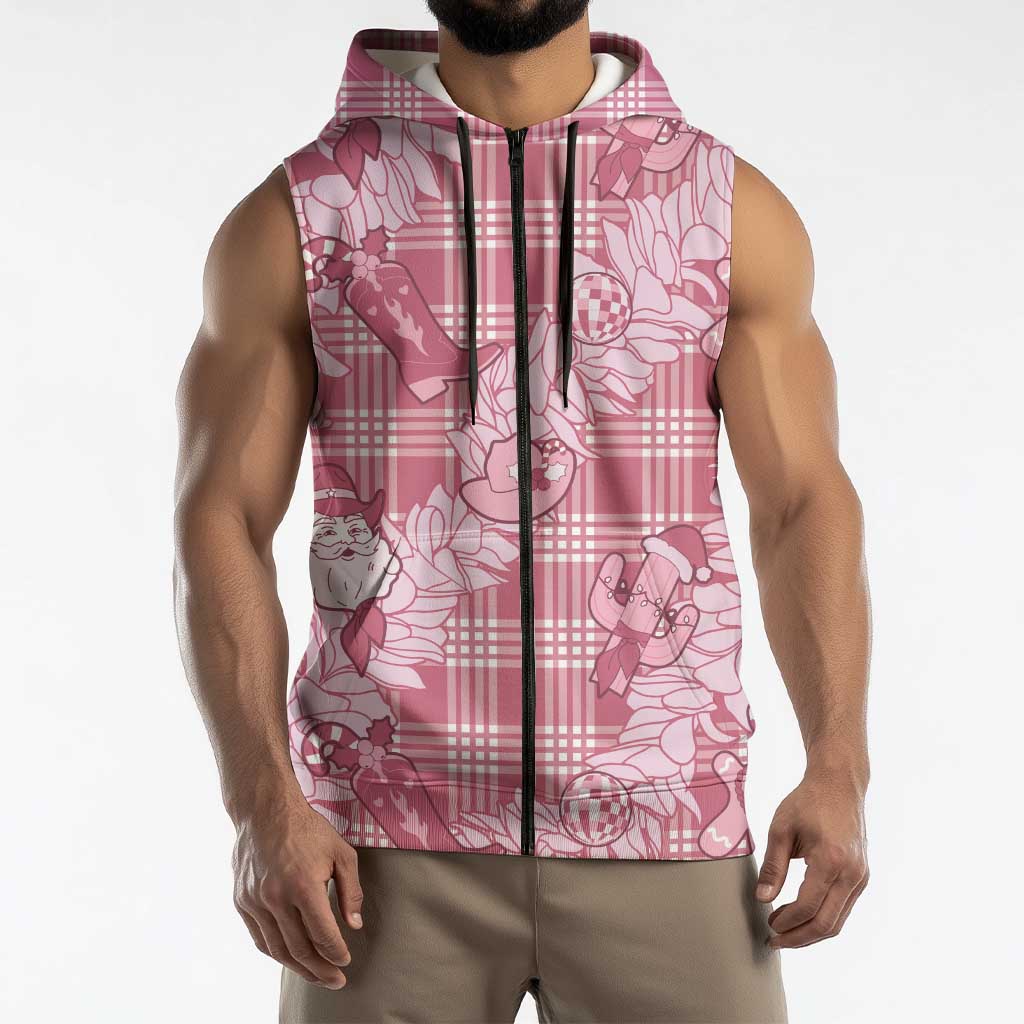 Pink Palaka Hawaii Cowboy Christmas Sleeveless Zip Hoodie Paniolo Mix Maile Lei LT7 - Polynesian Pride