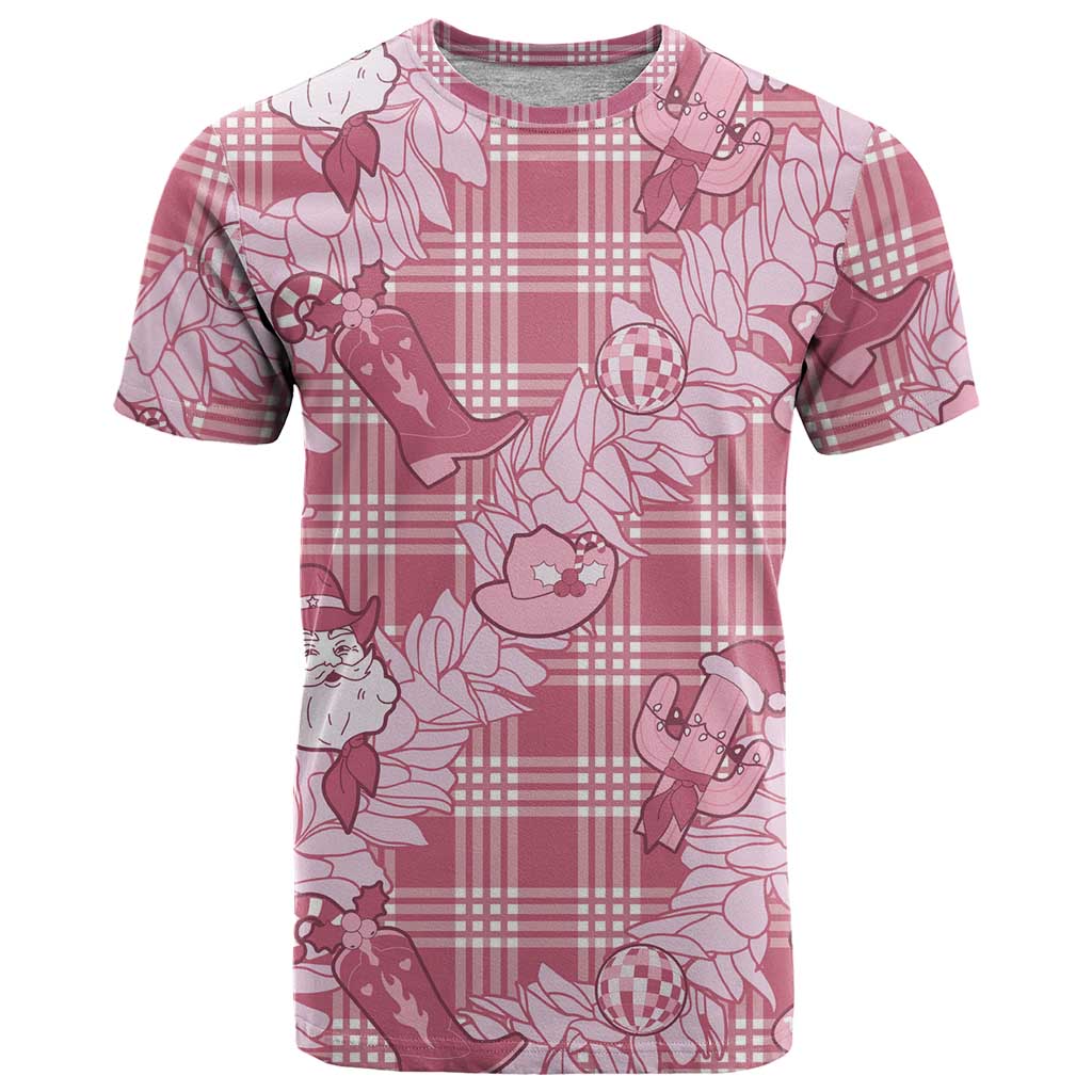 Pink Palaka Hawaii Cowboy Christmas T Shirt Paniolo Mix Maile Lei - Polynesian Pride