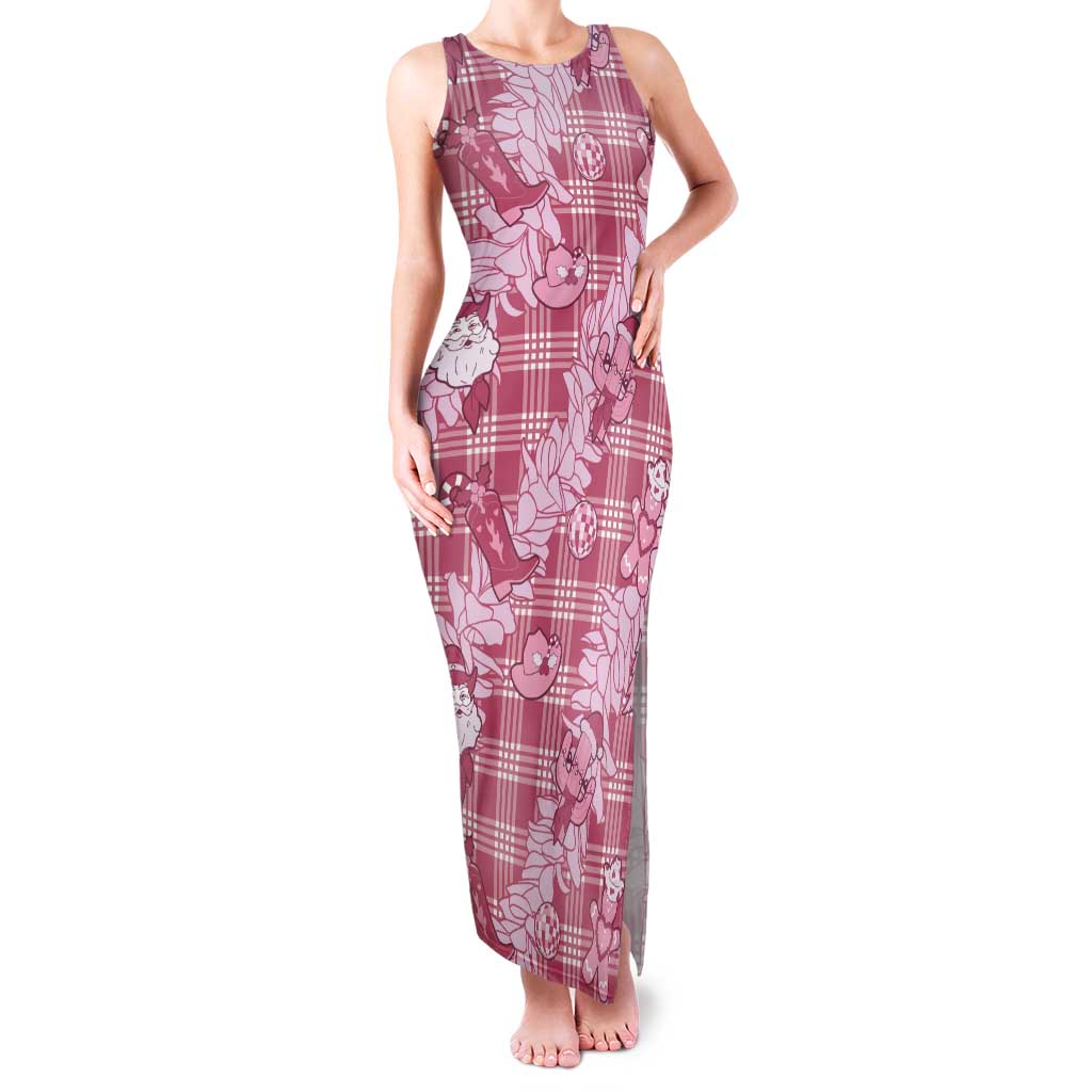 Pink Palaka Hawaii Cowboy Christmas Tank Maxi Dress Paniolo Mix Maile Lei LT7 Women Pink - Polynesian Pride