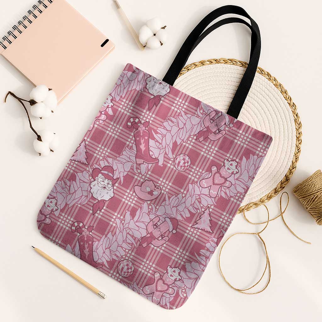 Pink Palaka Hawaii Cowboy Christmas Tote Bag Paniolo Mix Maile Lei - Polynesian Pride
