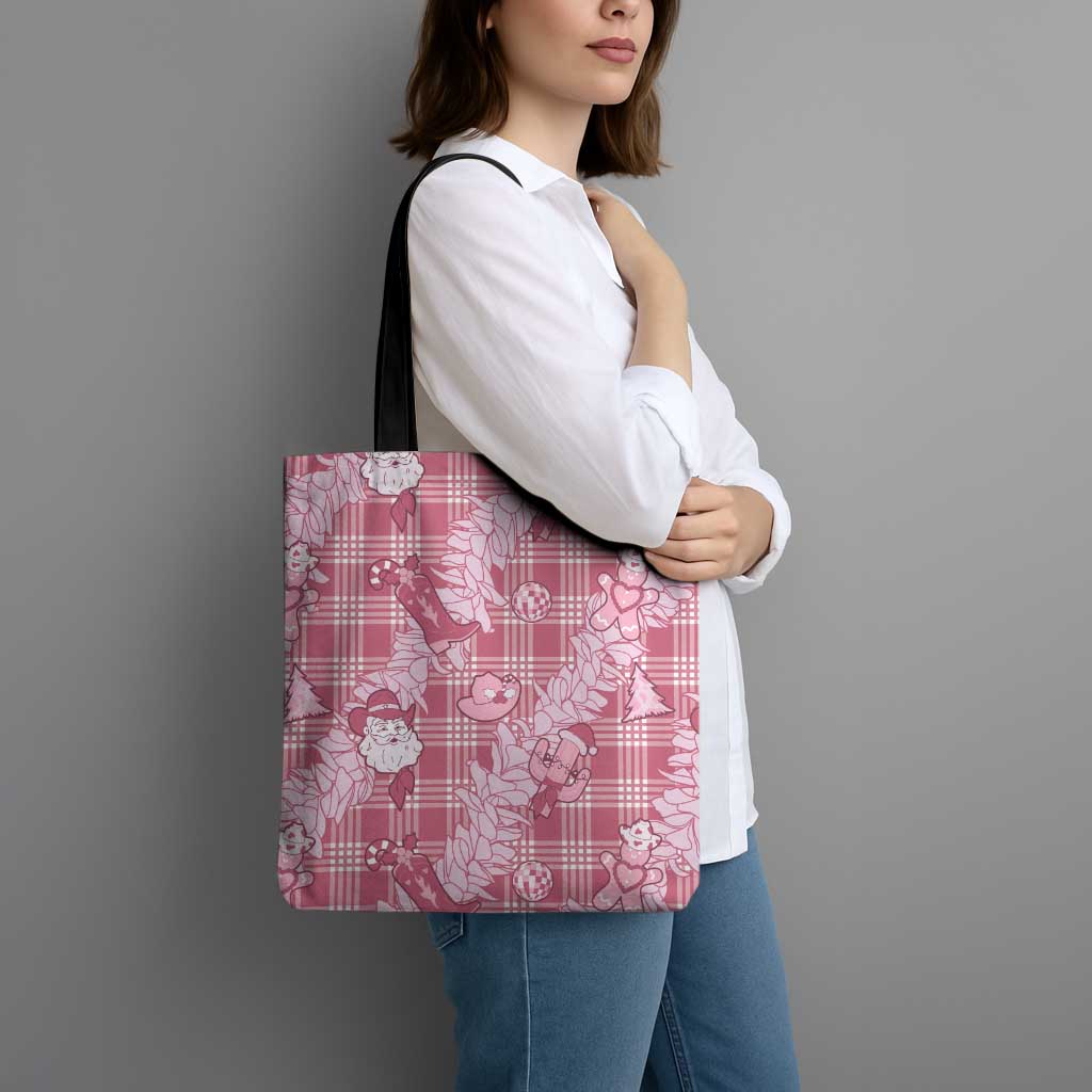 Pink Palaka Hawaii Cowboy Christmas Tote Bag Paniolo Mix Maile Lei - Polynesian Pride