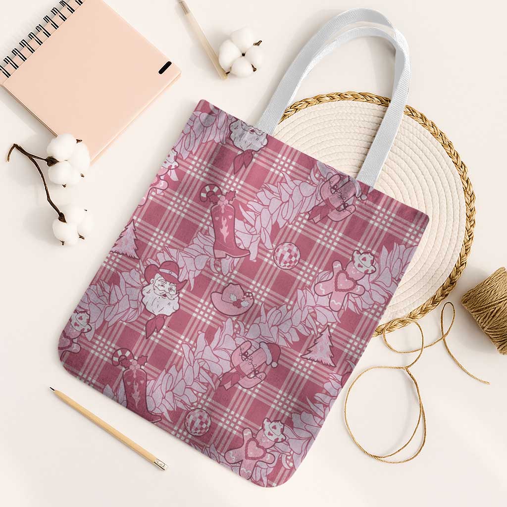 Pink Palaka Hawaii Cowboy Christmas Tote Bag Paniolo Mix Maile Lei - Polynesian Pride
