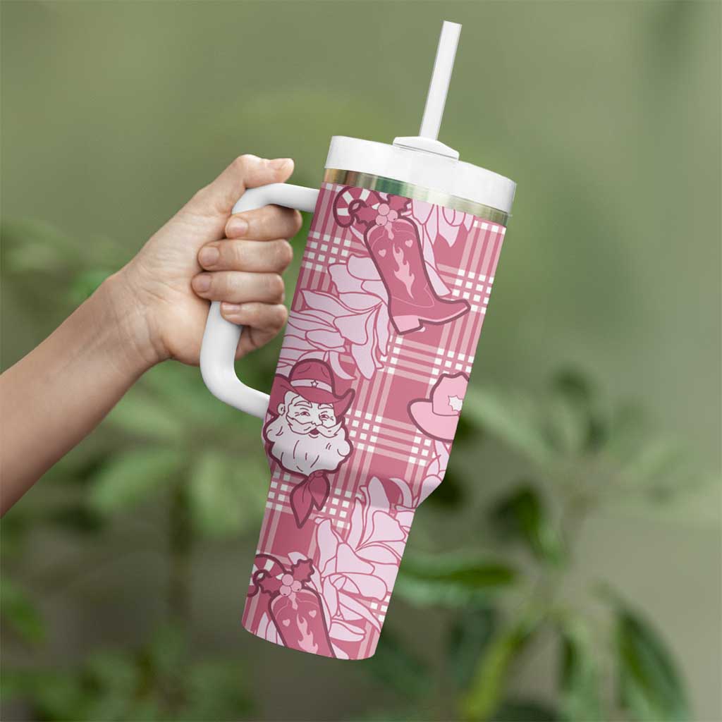 Pink Palaka Hawaii Cowboy Christmas Tumbler With Handle Paniolo Mix Maile Lei - Polynesian Pride